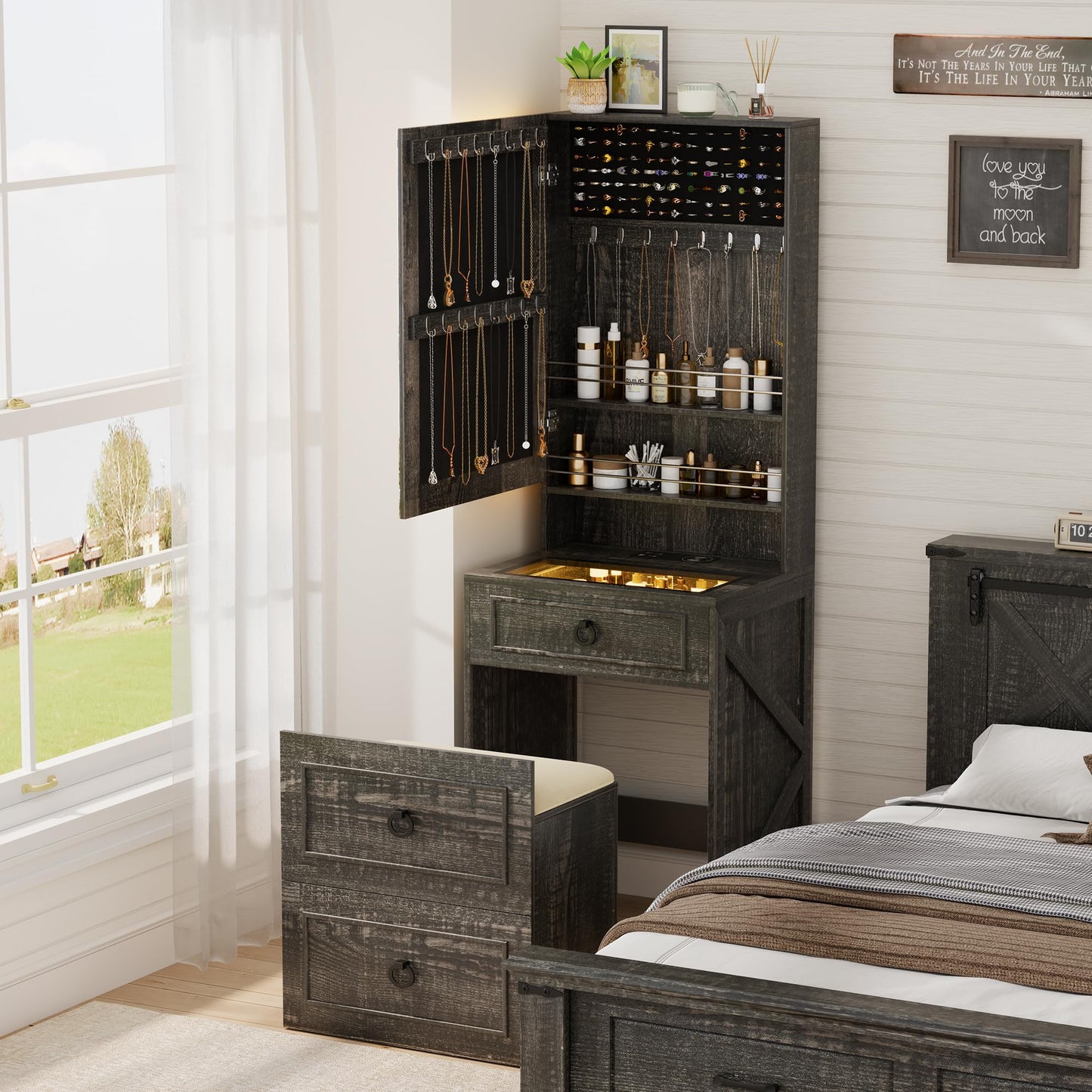 3-in-1 kaptafel met LED-spiegel en opbergkruk