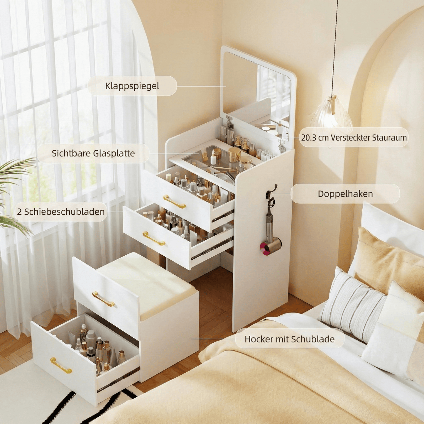 3-in-1 Vanity Table with Flip-Up Mirror & Storage