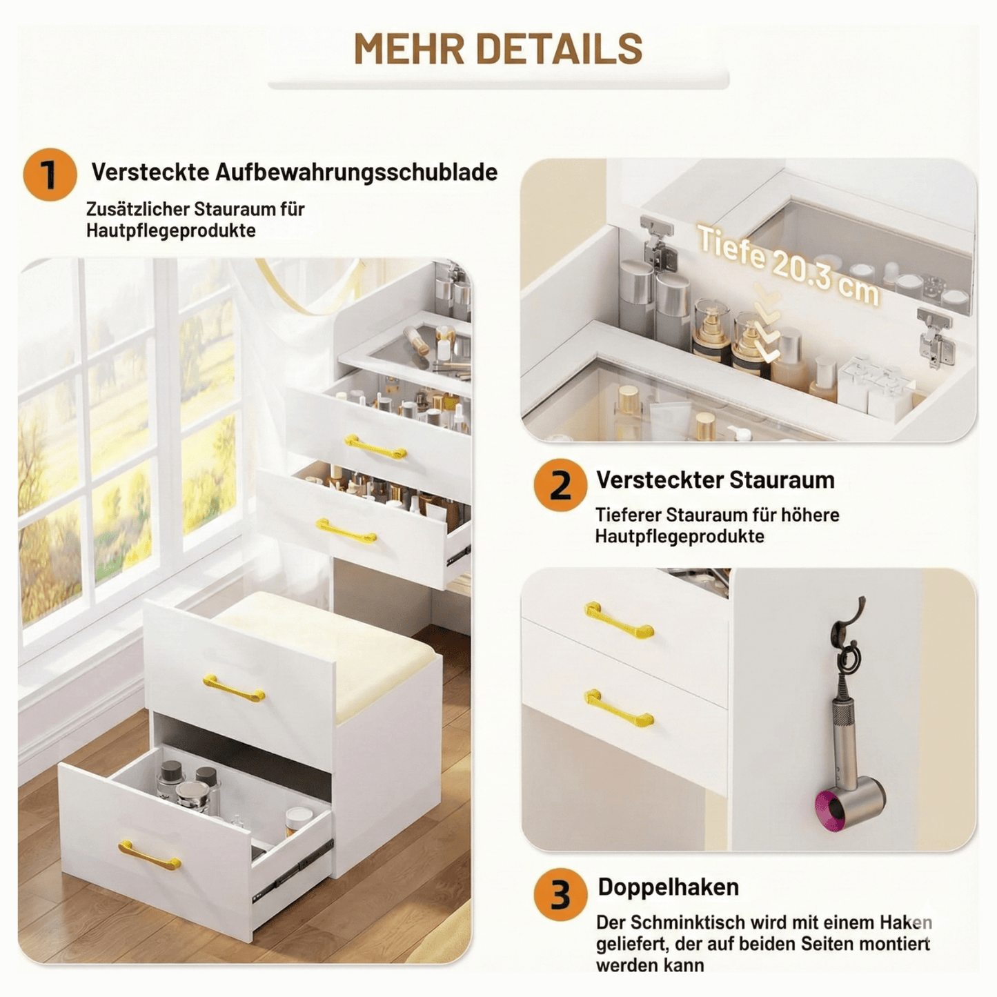 3-in-1 Vanity Table with Flip-Up Mirror & Storage