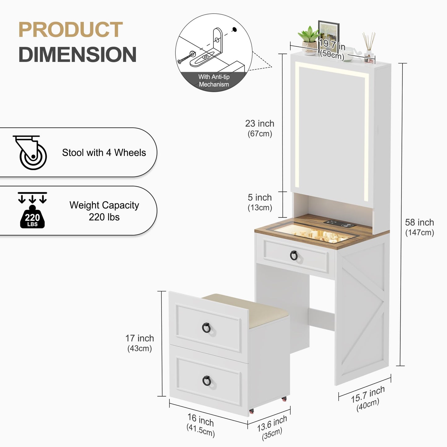 3-in-1 kaptafel met LED-spiegel en opbergkruk