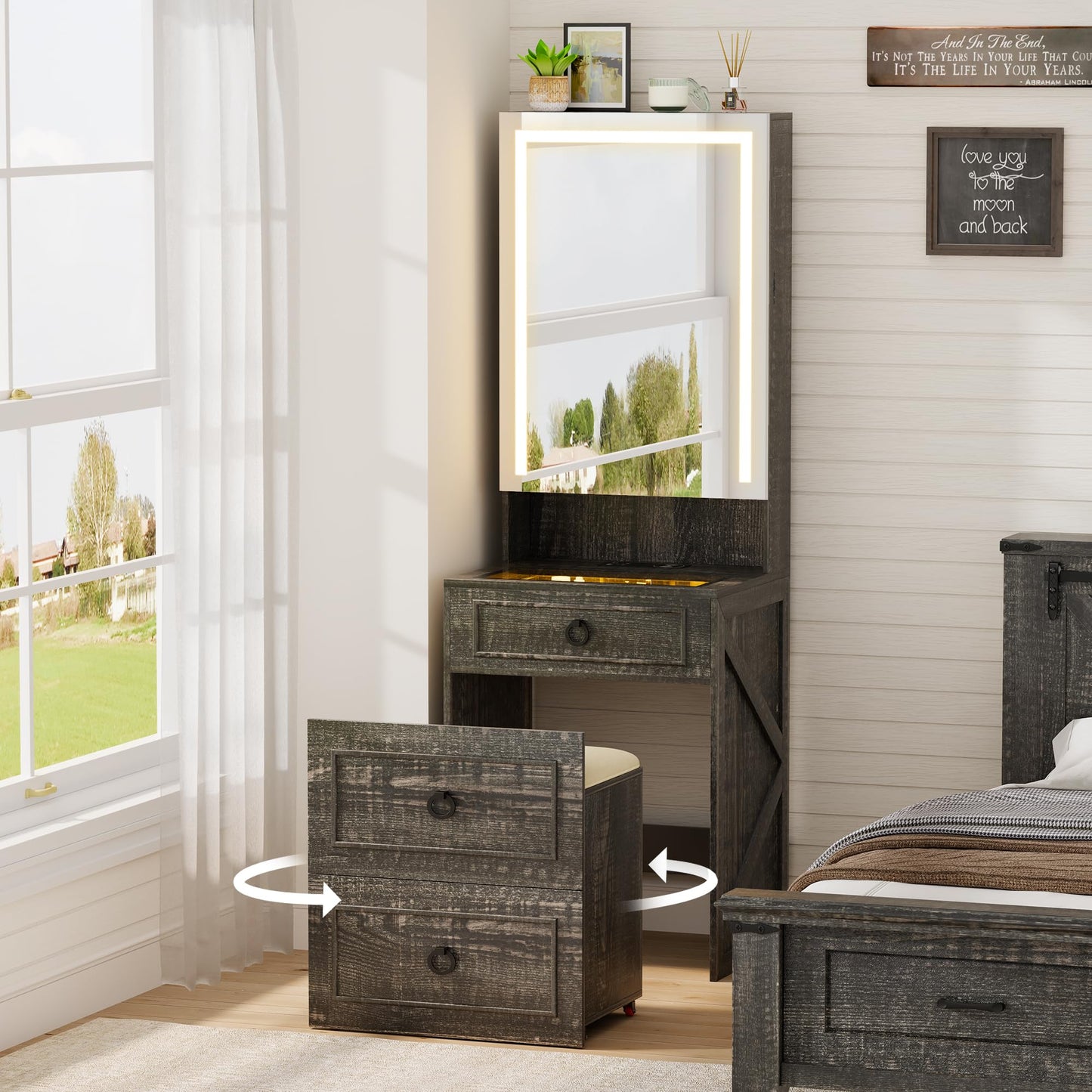 3-in-1 kaptafel met LED-spiegel en opbergkruk